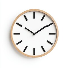 A minimalist wall clock with a wooden frame and simple black hour markers on a white face, emphasizing a modern and clean design aesthetic.