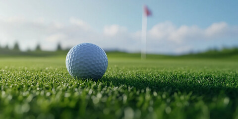 Obraz premium close up shot of golf ball resting on lush green grass, with flag in background, captures essence of serene golf course