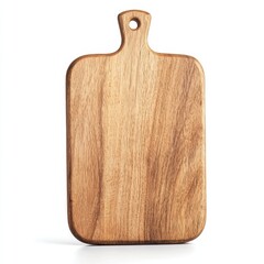 A wooden cutting board with a smooth, natural finish, featuring a rounded handle and a rectangular shape, ideal for food preparation and serving.