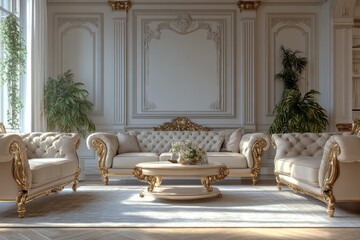 Luxurious Living Room Interior Design with Ornate Sofas and Coffee Table