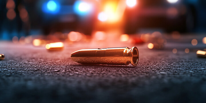 detailed view of bullet casing lying on ground, surrounded by scattered casings, with blurred police lights in background, creating tense atmosphere