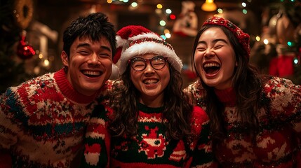 Joyful friends celebrating christmas in festive sweaters together