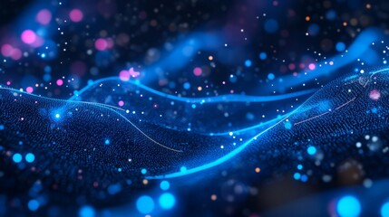 Fototapeta premium Abstract digital waves with glowing particles in blue tones.