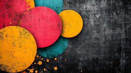 Abstract geometric design with colorful circles on a dark textured background.