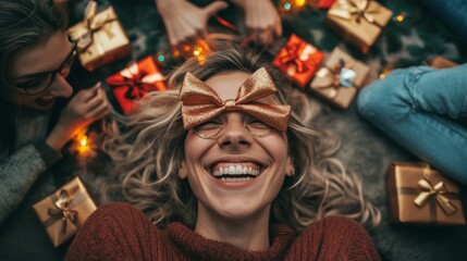 Fototapeta premium beautiful young woman lying with a Christmas bow covering her eyes next to gifts at Christmas