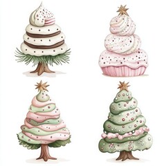 Four whimsical Christmas tree desserts in pastel colors.