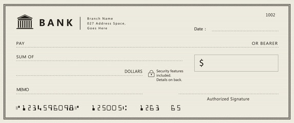 Green Bank check, vector blank money cheque, checkbook template with guilloche pattern and fields. Currency payment coupon, money check background	