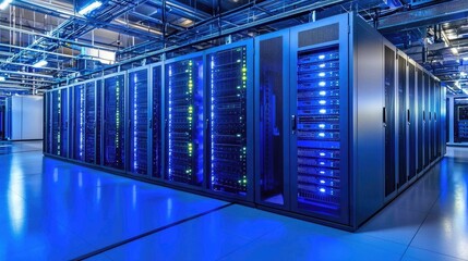 Fototapeta premium Data center with blue lighting, showcasing numerous server racks.