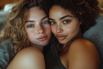 Obraz premium Festive Love: A Young Lesbian Couple Celebrating Together in a Modern, Elegant Home
