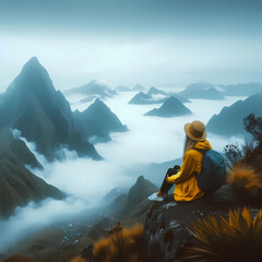 a girl sitting or standing by the cliff facing a valley with mountain view