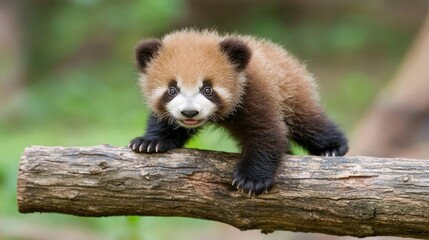 Baby panda climbing on a log, using its tiny paws, displaying both innocence and a playful personality in the forest.