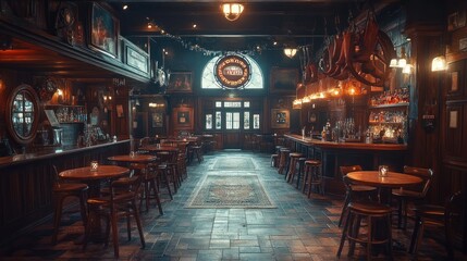 A long, narrow, dimly lit pub interior with wooden tables, chairs, and a bar. The bar has a large stained glass window behind it, and there are many framed pictures hanging on the walls. 
