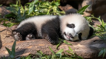 Fototapeta premium Baby panda sleeping on a log with a peaceful expression, surrounded by green foliage, showcasing its adorable, sleepy side.