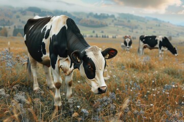 Red and black Holstein cows are grazing on a cold autumn morning on a meadow in Switzerland