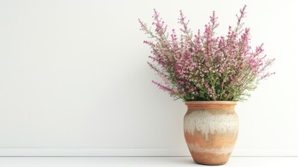 Fototapeta premium White and pink heather flowers grown in a clay pot, isolated on a white backdrop. Growing autumn and winter plants in a garden or on a balcony.