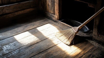 Obraz premium Broom sweeping dust into a dustpan on a wooden floor, capturing the act of maintaining a clean home environment.