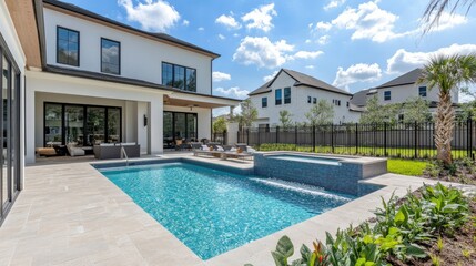 Fototapeta premium Clean, inviting pool in a modern villa backyard, with lush greenery and sleek design, capturing the peacefulness of a private retreat.