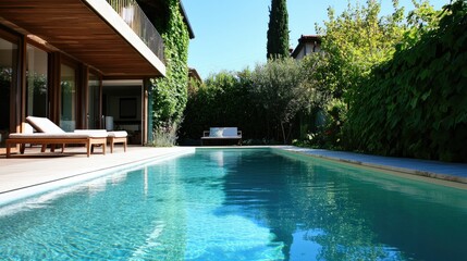 Clean, inviting pool in a modern villa backyard, with lush greenery and sleek design, capturing the peacefulness of a private retreat.