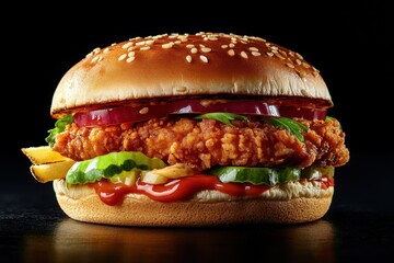 Irresistible chicken burger with crunchy fries fresh veggies and flavorful sauce ideal for fast food fans and food lovers