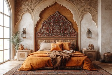 Moroccan Bedroom Interior Design with Intricate Carvings and Traditional Decor