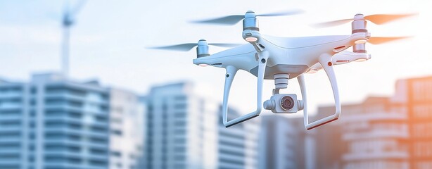 An aerial drone flies over a modern city skyline during sunset.