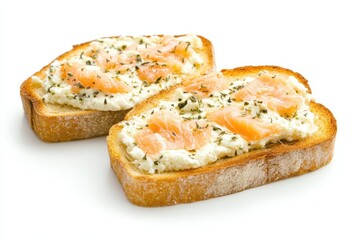 Isolated white background with salmon and cream cheese on toast