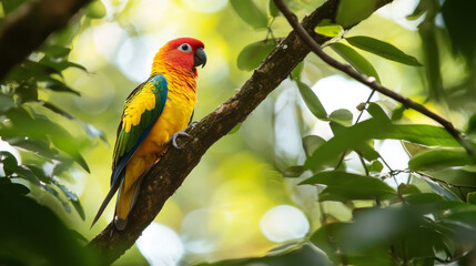Naklejka premium A colorful bird perched on a tree branch in the jungle.