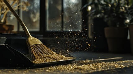 Close-up of a dustpan filled with small dust particles next to a broom, highlighting the process of a quick home cleanup.