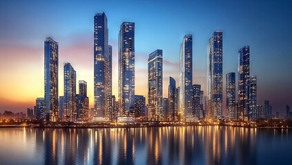 Obraz premium Towering over a modern city is a futuristic skyscraper with glowing neon windows