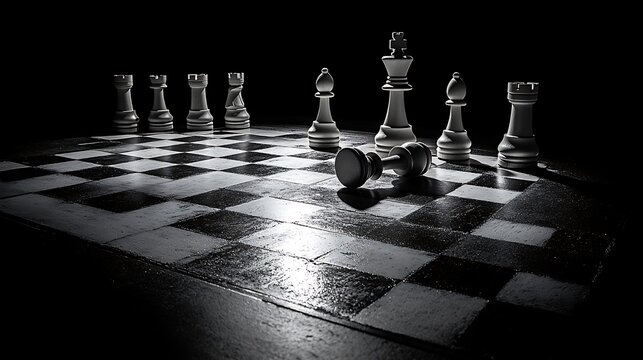 Dramatic lighting on chessboard with fallen king highlighting competitive themes