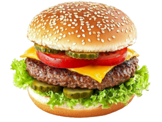 Classic hamburger with beef patty, lettuce, tomato, pickles, and sesame seed bun on a transparent background, ideal for fast food and American cuisine themes