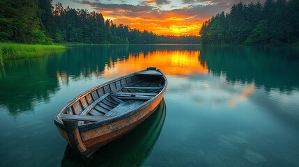 Obraz premium Wooden boat on lake at vibrant sunset.
