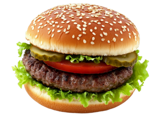 Classic hamburger with beef patty, lettuce, tomato, pickles, and sesame seed bun on a transparent background, ideal for fast food and American cuisine themes