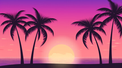 A beautiful pink sunset casts a warm glow on silhouetted palm trees, creating a tranquil tropical landscape scene.