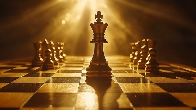 Intense lighting on a chessboard close-up with toppled king symbolizing strategy and defeat