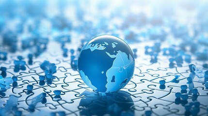 A blue globe sits on a puzzle, symbolizing global connection and collaboration.