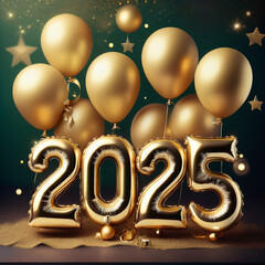 Gold Happy New Year 2025 message balloons with decoration party. symbolizes the start of the new year.