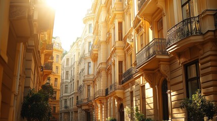 Obraz premium Sunny street in an old city with historic buildings.