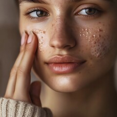 Beautiful South American model woman applies white cream on face in beauty studio Long dark hair