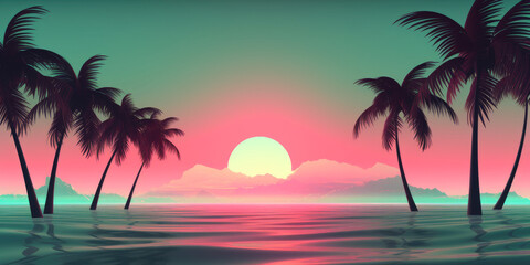 A vibrant sunset with palm silhouettes over a serene ocean, reflecting the stunning colors of the sky and water.