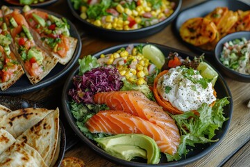 Latin inspired fusion menu wakame salad with smoked salmon and avocado chia grilled entraña quesadillas burrata salad corn empanadas patacón and shrimp