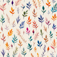 Watercolor Pattern of Colorful Autumn overlapping Leaves on a Beige Background  