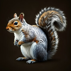 Obraz premium A realistic squirrel with a bushy tail and alert posture, holding a nut, set against a dark background.