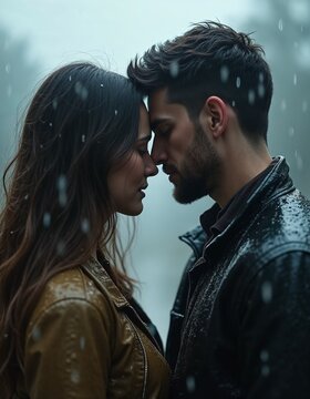 Romantic couple in the rain embracing closely