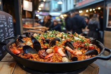 London street food market on Portobello Road offers vibrant freshly made seafood paella in a large pan