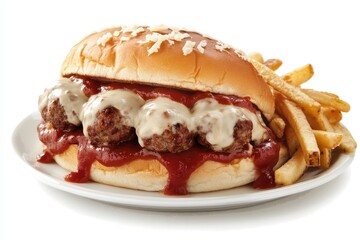 Lone meatball sub with marinara cheese and fries