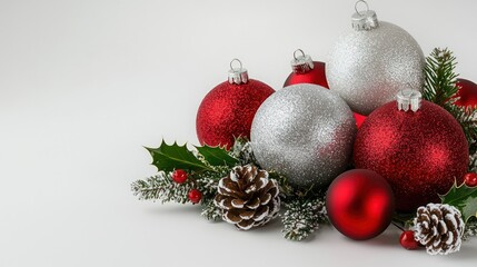 Red and silver Christmas balls with festive decorations, including holly and pine cones, on a white backdrop