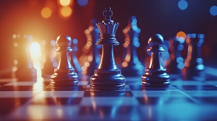 Close-up on chessboard with toppled king under intense lighting showing rivalry and strategy