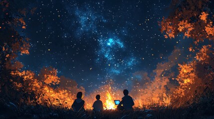 A family sitting by a bonfire, with a tablet displaying constellations as they appear in the night sky. The fall foliage adds warmth and color to their cozy stargazing evening 