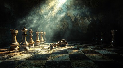Chessboard with fallen king piece highlighted in light for themes of strategic challenge